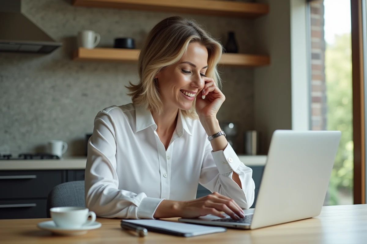 Femme professionnelle utilise un ordinateur dans une cuisine lumineuse