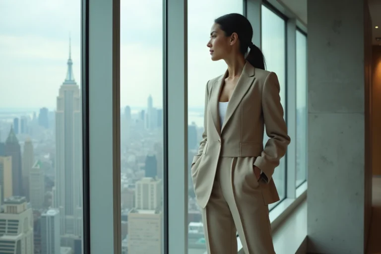 Jeune femme élégante regardant la ville depuis un appartement moderne