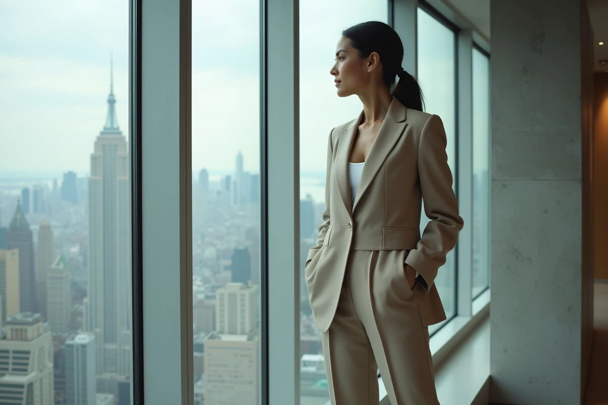 Jeune femme élégante regardant la ville depuis un appartement moderne