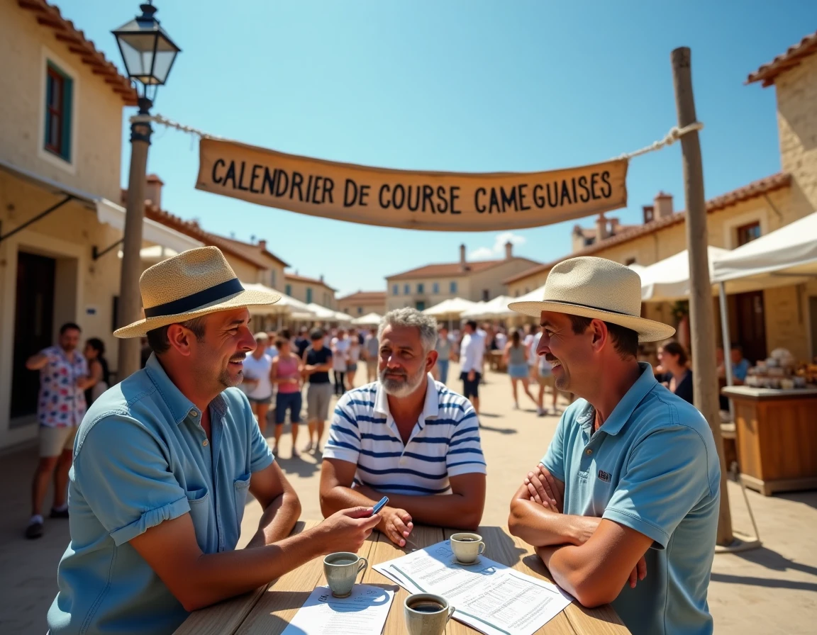 Aficionados consultant le calendrier des courses camarguaises FFCC lors d'une féria traditionnelle en Camargue