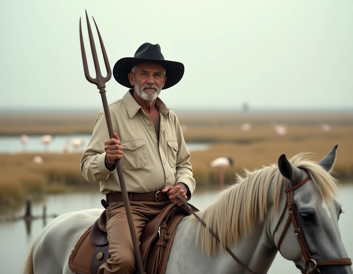 Gardian camarguais à cheval dans les marais de Camargue avec trident traditionnel lors des préparatifs des courses FFCC
