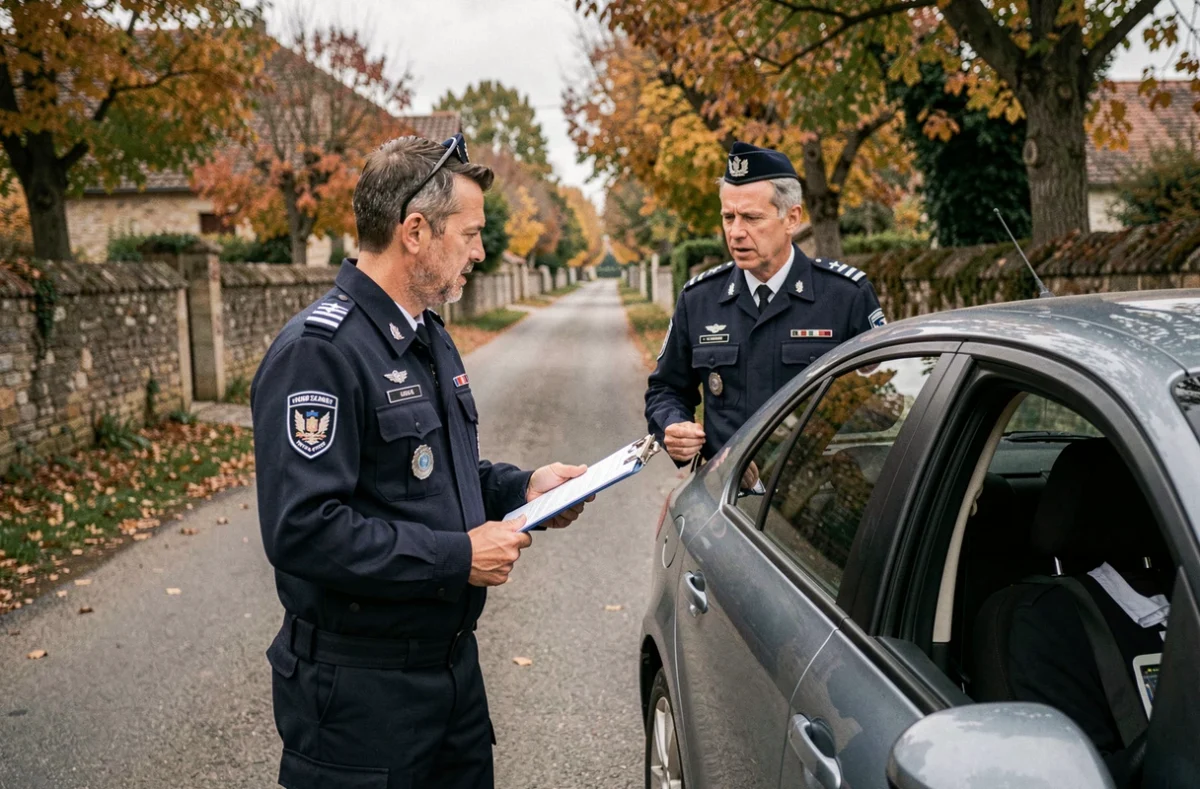 Deux gendarmes français effectuant un contrôle routier sur une route de campagne, illustrant les procédures d'interpellation et de vérification d'identité encadrées par le code de procédure pénale