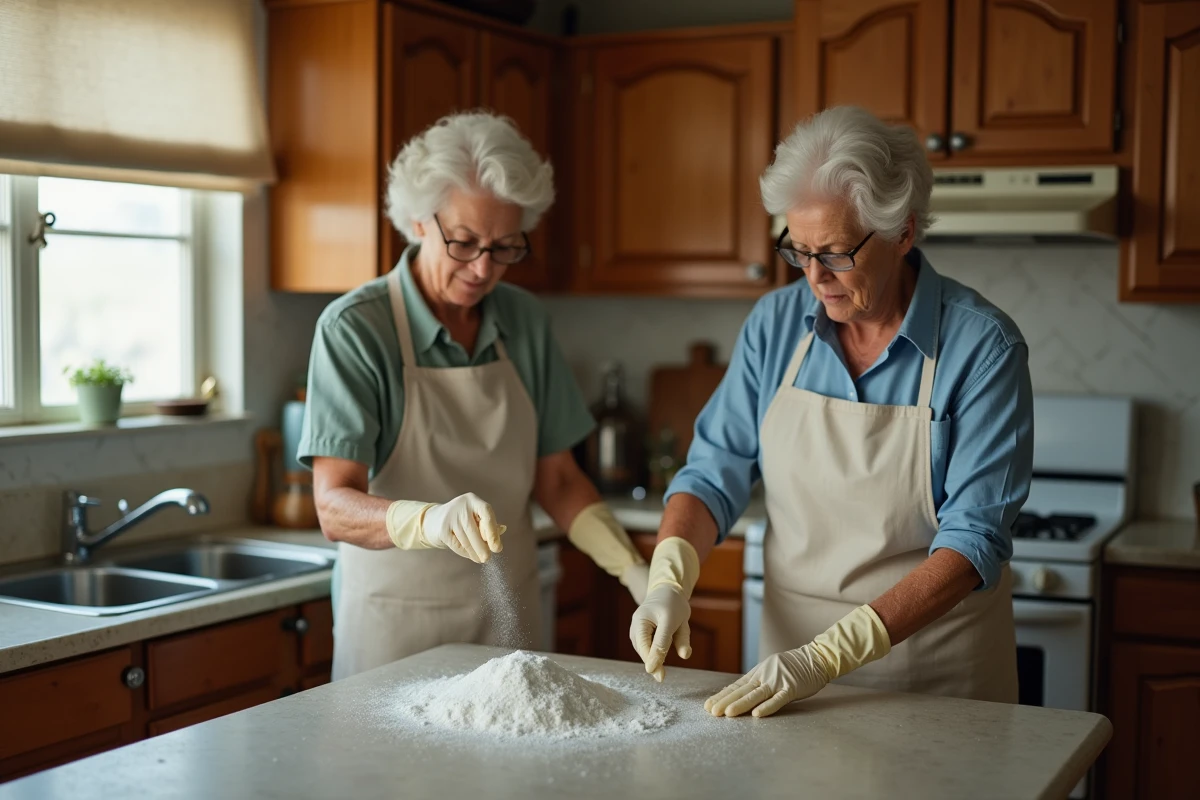 Femme âgée utilisant de la terre de diatomée autour de l'évier de cuisine pour éliminer les collemboles, solution naturelle de grand-mère