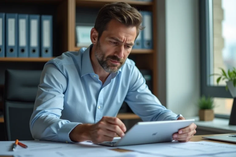 Homme d'affaires français en bureau moderne avec documents