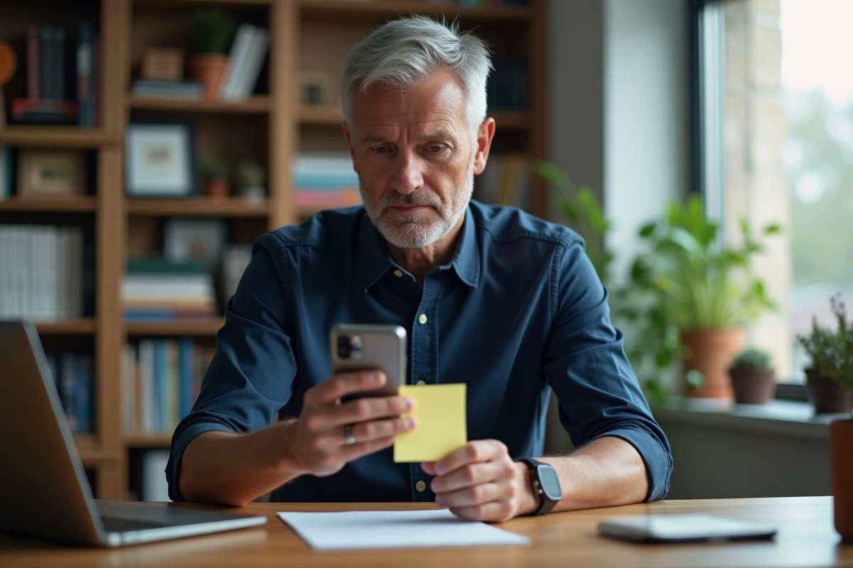Homme composant un numéro de téléphone dans un bureau à domicile avec une note papier à la main