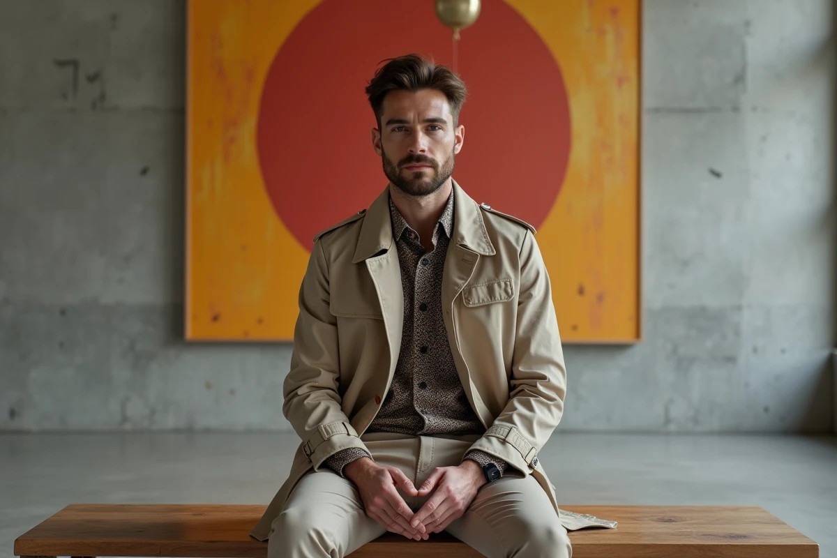 Homme fashion en trench dans une galerie d