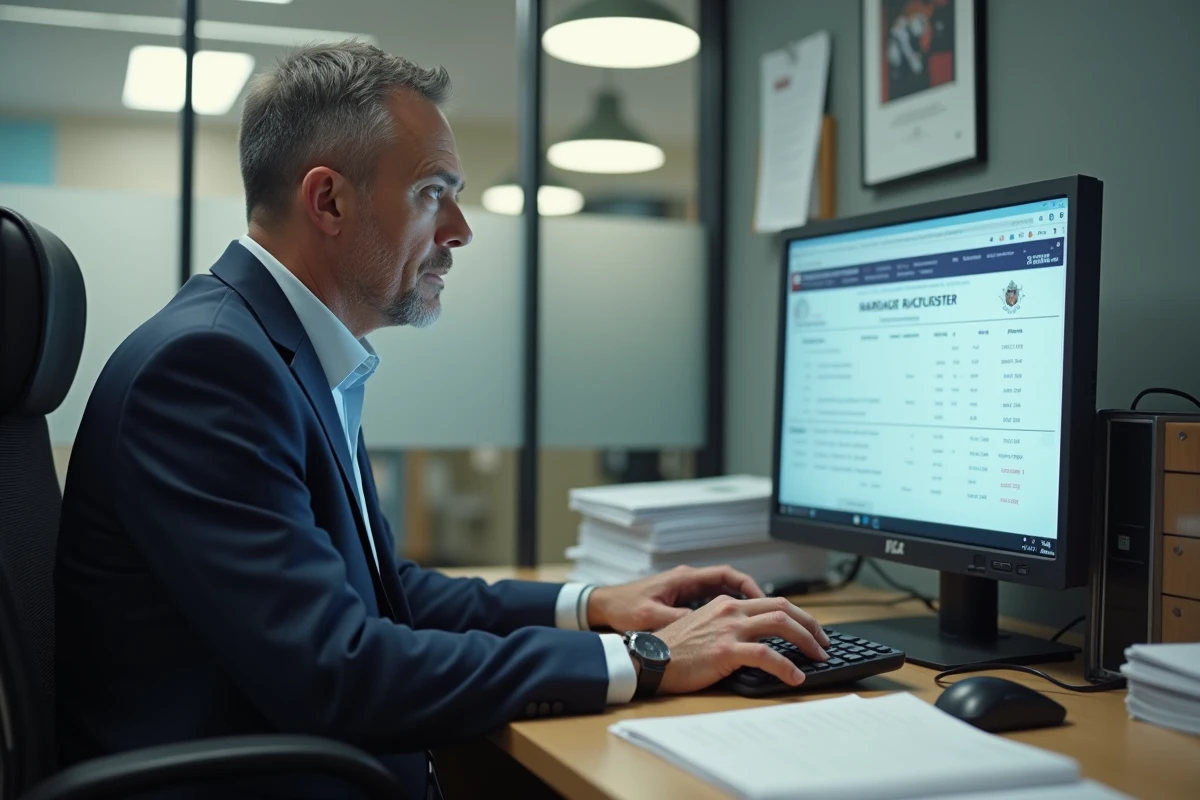 Homme d age dans un bureau administratif regardant un registre