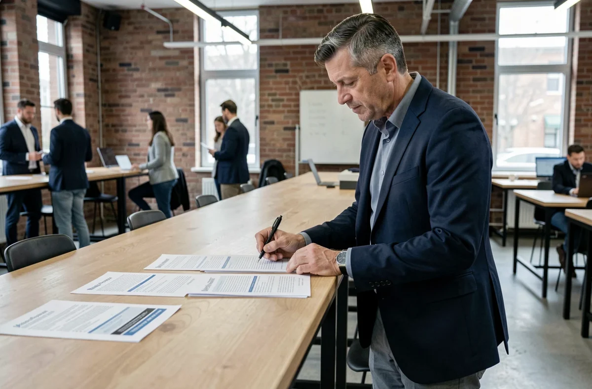 Homme en costume consultant des fiches de ressources pour l'emploi dans un espace de coworking