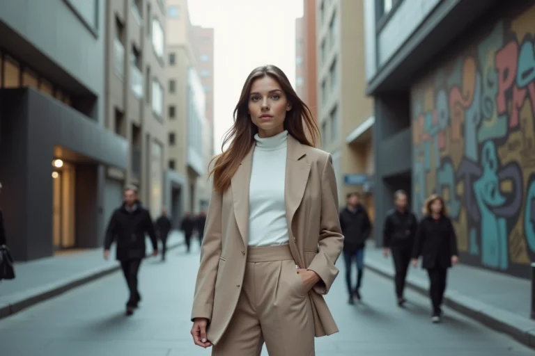 Jeune femme élégante en blazer urbain sur une rue animée