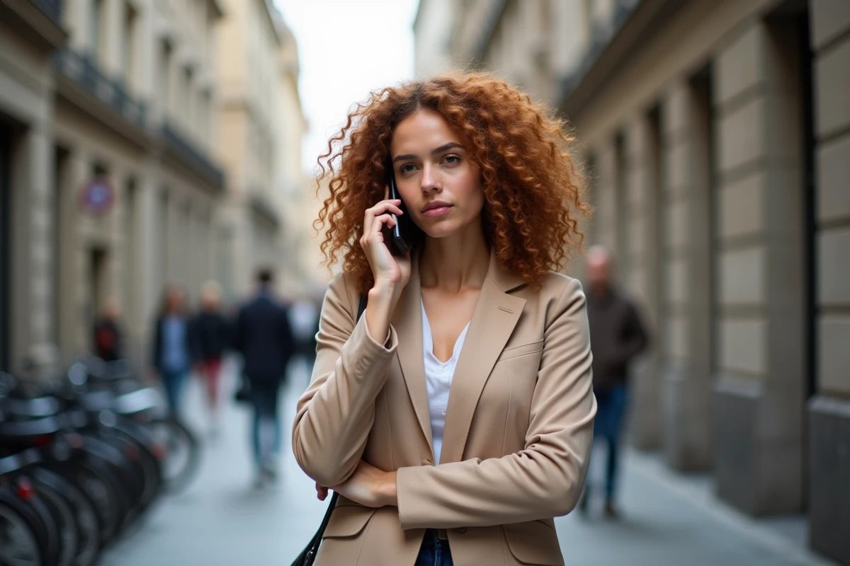 Jeune femme professionnelle rappelant un numéro depuis son téléphone dans une rue urbaine européenne