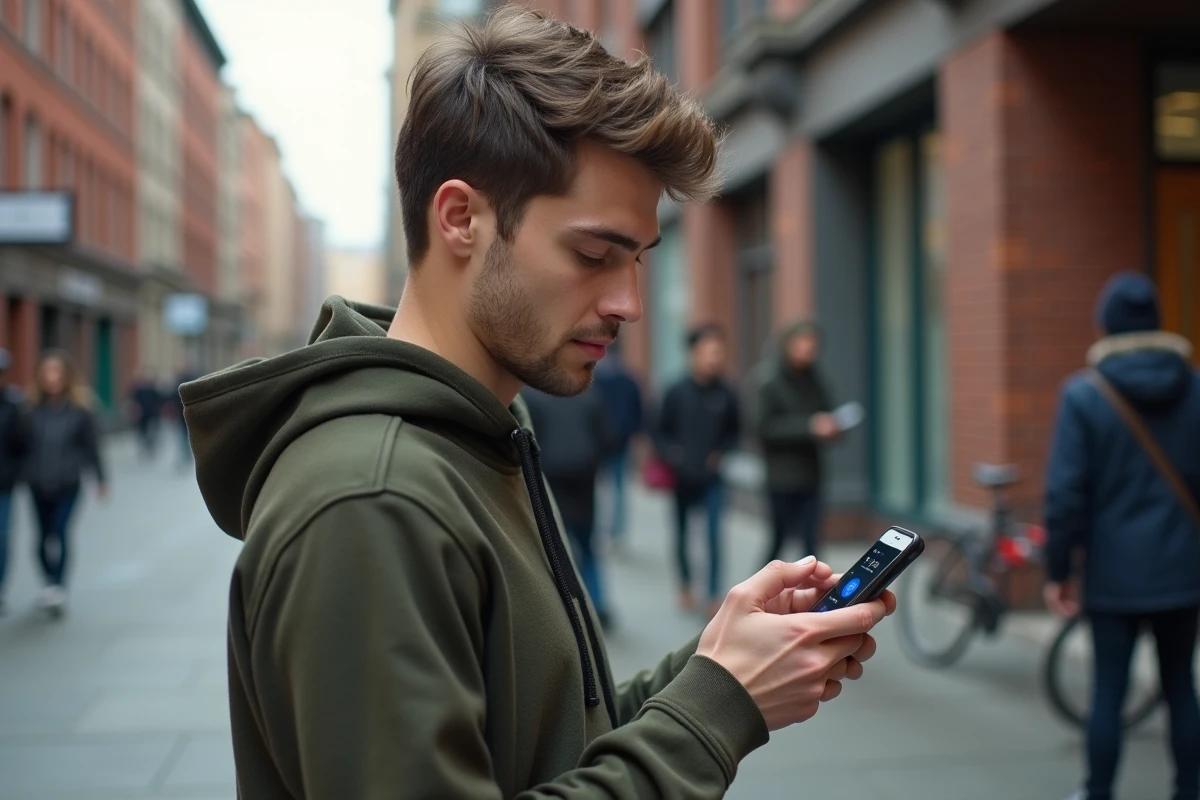 Jeune homme en ville vérifiant une notification d'appel manqué d'un numéro inconnu sur son téléphone portable