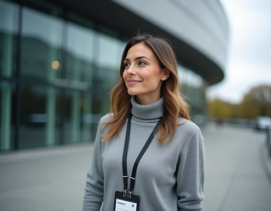 Journaliste sportive devant un complexe sportif moderne portant un badge de presse, portrait éditorial en extérieur