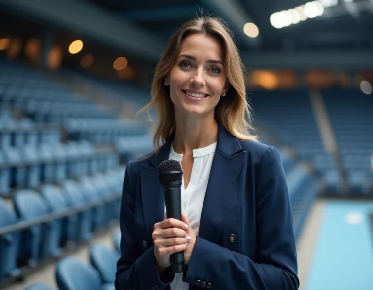 Journaliste sportive professionnelle tenant un microphone dans une salle de sport moderne, portrait trois quarts