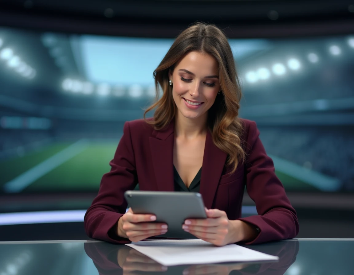 Journaliste sportive en studio de télévision assise au bureau de présentation avec une tablette et un décor moderne