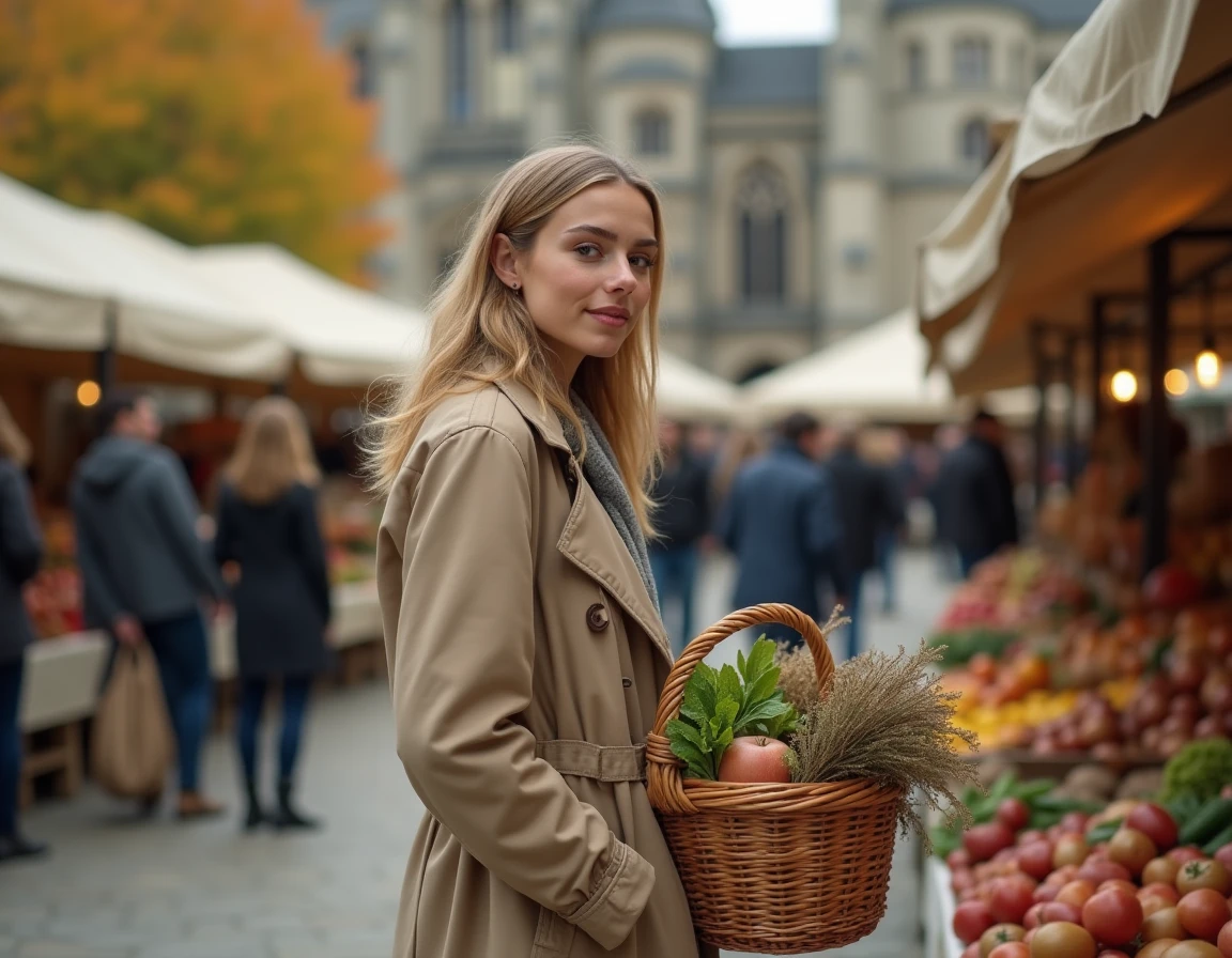 Jeune femme explorant un marché artisanal en plein air sur une place historique d'une ville française en automne