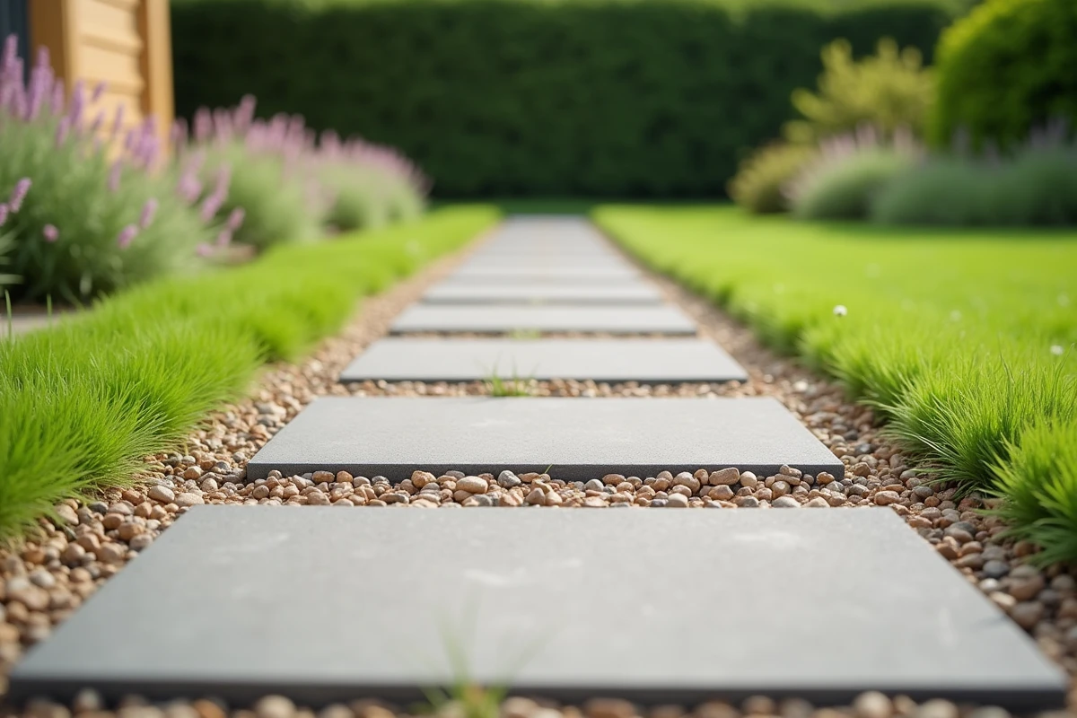 Allée de jardin en dalles espacées avec gravier perméable permettant l'infiltration de l'eau dans le sol
