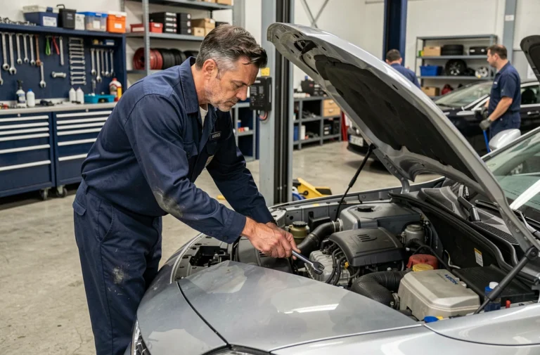 Mécanicien professionnel en train d'inspecter le moteur d'une voiture dans un garage automobile moderne