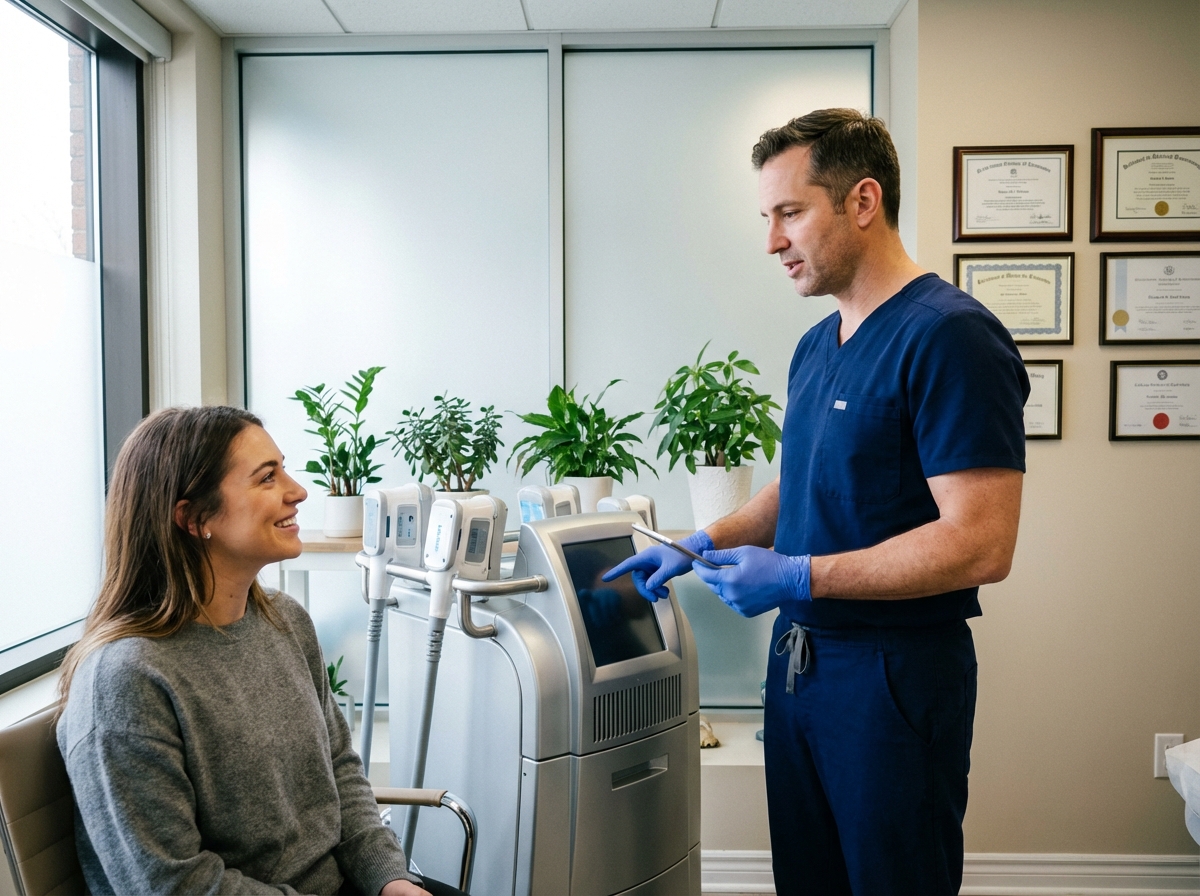 Medecin en uniforme expliquant la cryolipolise a une cliente