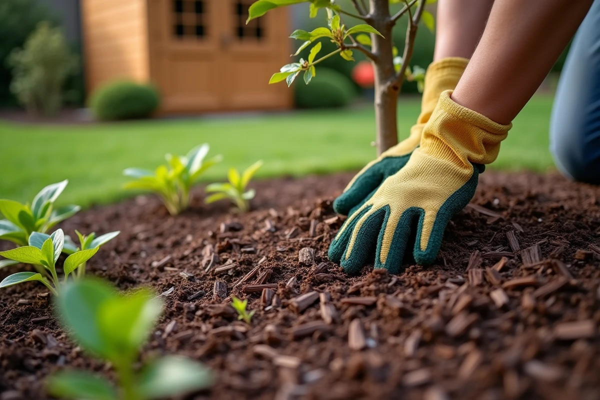 Main gantée étalant du paillis de copeaux de bois autour des pieds de plantes dans un massif de jardin