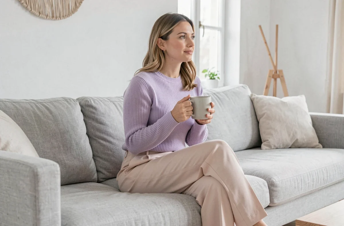 Femme en pull lavande et pantalon rose poudré sur un canapé minimaliste, illustrant les pastels doux d'hiver