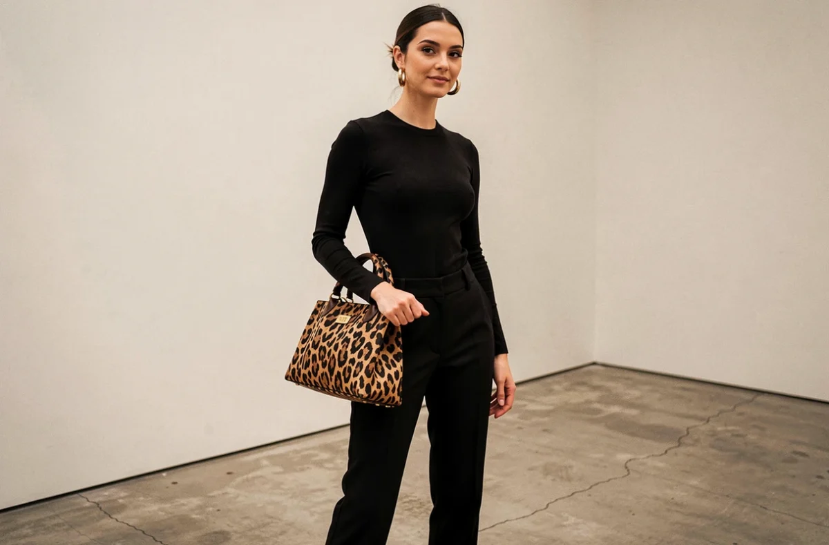 Femme en tenue sobre noire rehaussée d'un sac léopard et de bijoux dorés, illustrant les pièces fortes d'un ensemble