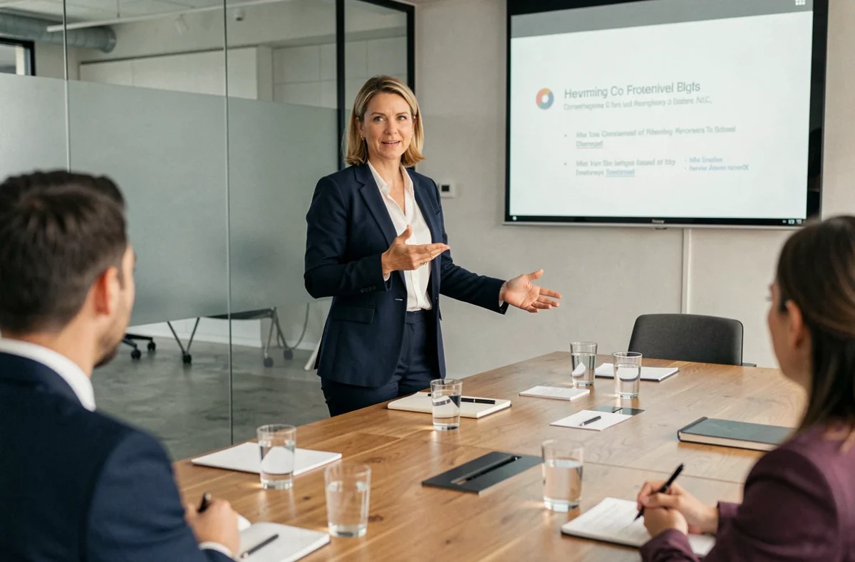 Femme professionnelle présentant un pitch commercial devant des collègues dans une salle de réunion moderne