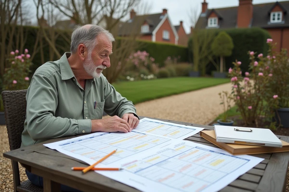 Un paysagiste planifie le calendrier d'entretien annuel de son jardin sur des documents imprimés posés sur une table de terrasse