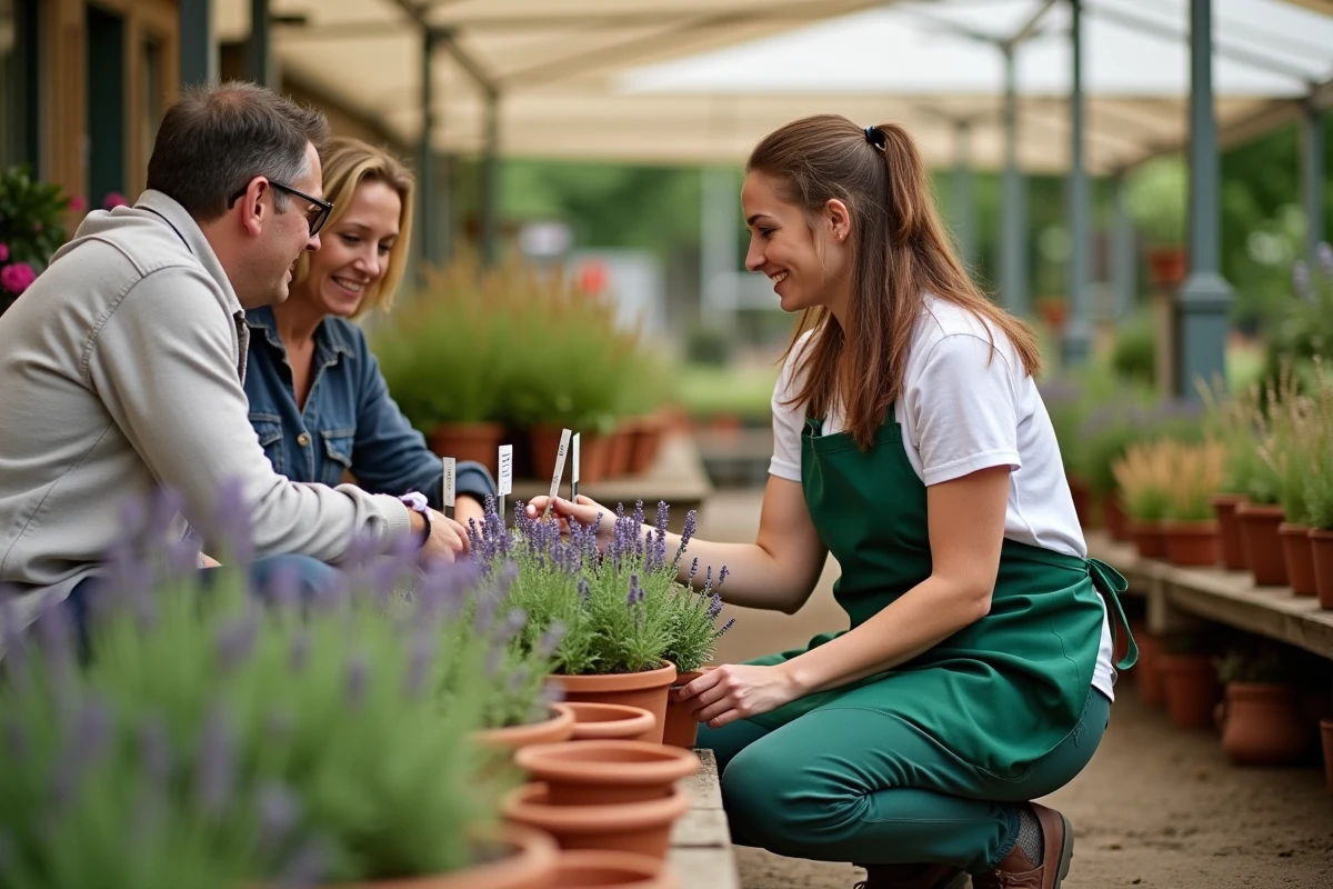 Une conseillère en jardinerie présente des plantes adaptées au sol et au climat local à un couple de clients