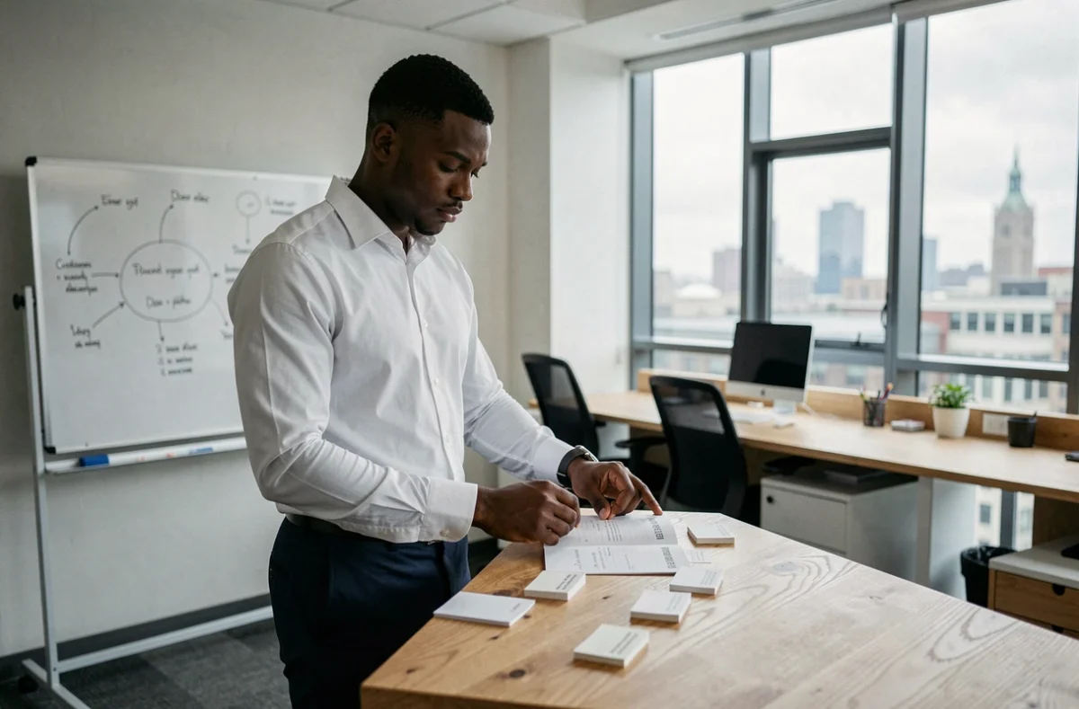 Jeune entrepreneur préparant son pitch commercial seul dans un bureau moderne avec des fiches de notes