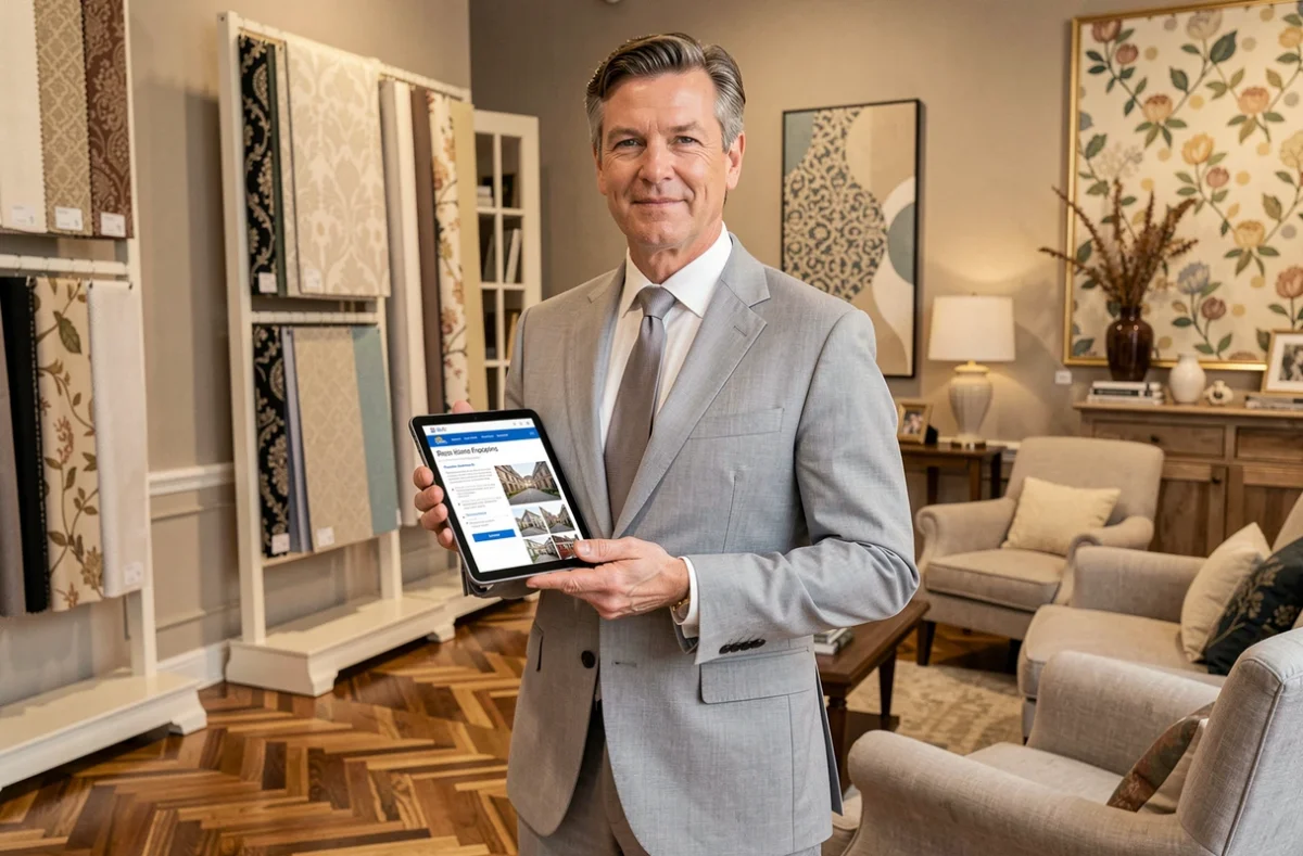 Professionnel de la décoration intérieure consultant les informations légales de son entreprise dans un showroom élégant