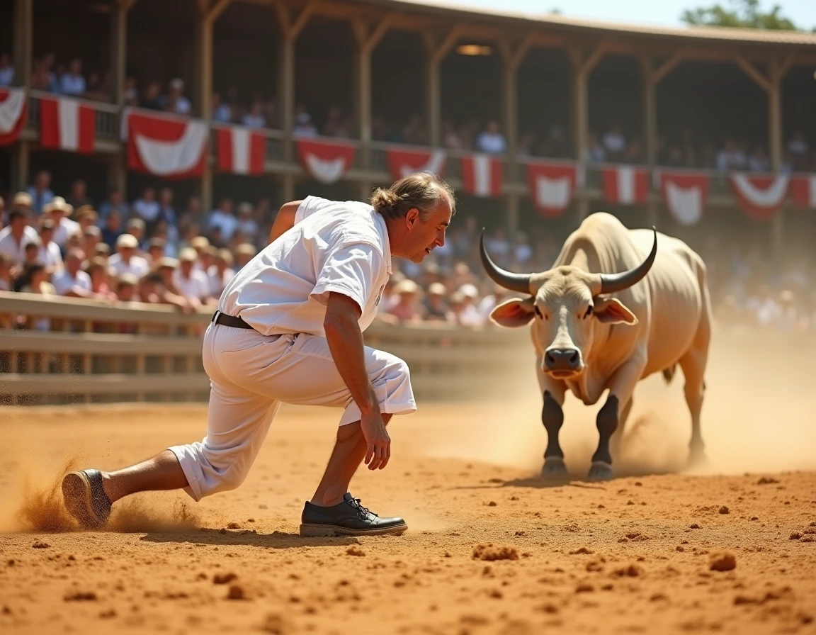 Raseteur en tenue blanche esquivant un taureau blanc dans une arène camarguaise lors d'une course camarguaise FFCC