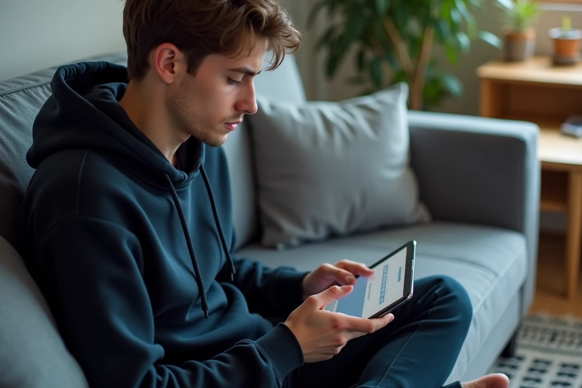 Jeune personne résolvant un problème de connexion Arkevia sur une tablette depuis son salon