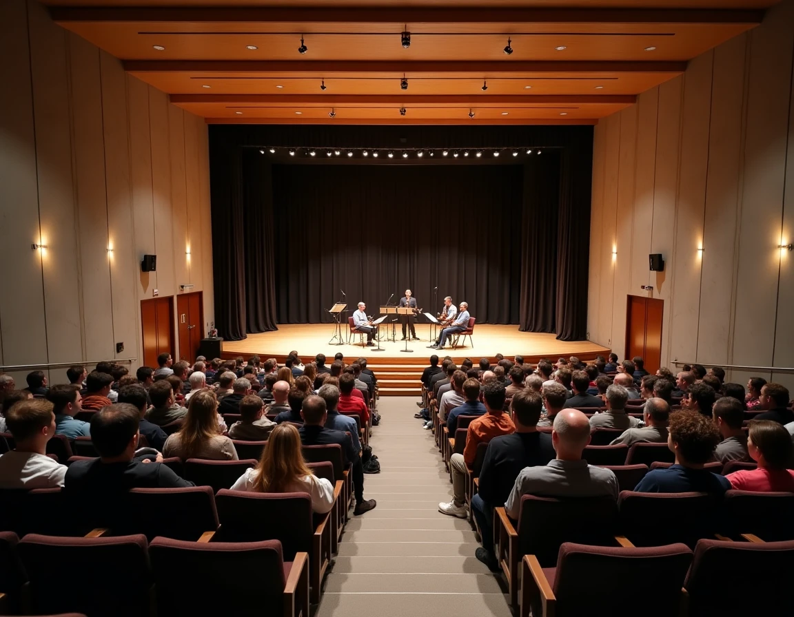 Salle de spectacle contemporaine dans une ville française avec un public attentif écoutant un quartet de jazz sur scène