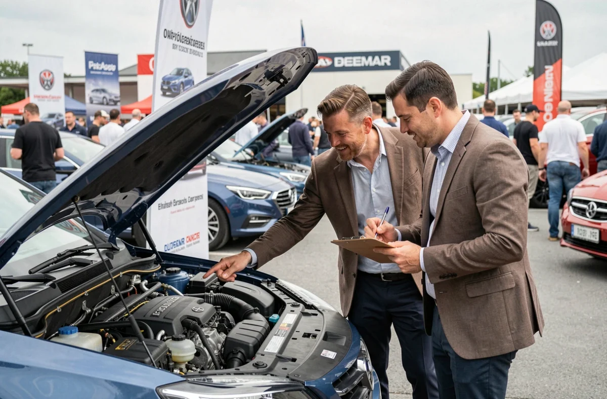 Deux hommes discutant des dernières tendances automobiles lors d'un salon de l'automobile en plein air