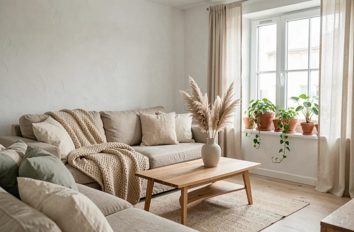 Salon scandinave moderne décoré dans des tons chauds avec canapé en lin, plantes en pot et accessoires en céramique pour une ambiance cosy et apaisante