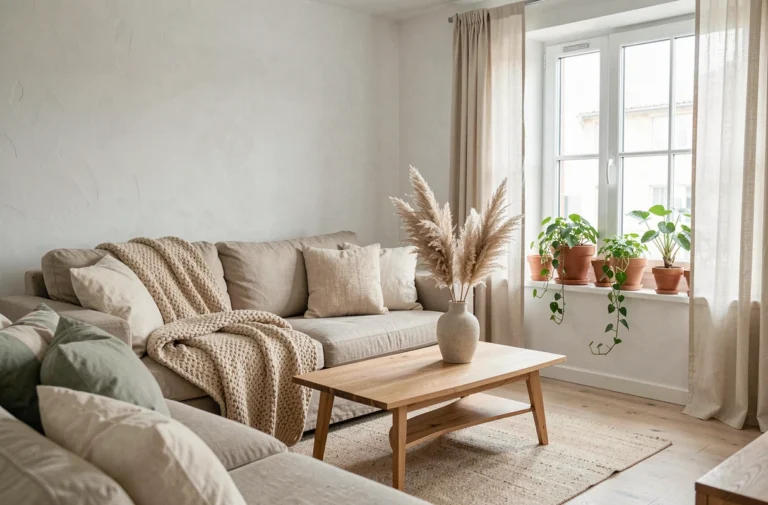 Salon scandinave moderne décoré dans des tons chauds avec canapé en lin, plantes en pot et accessoires en céramique pour une ambiance cosy et apaisante