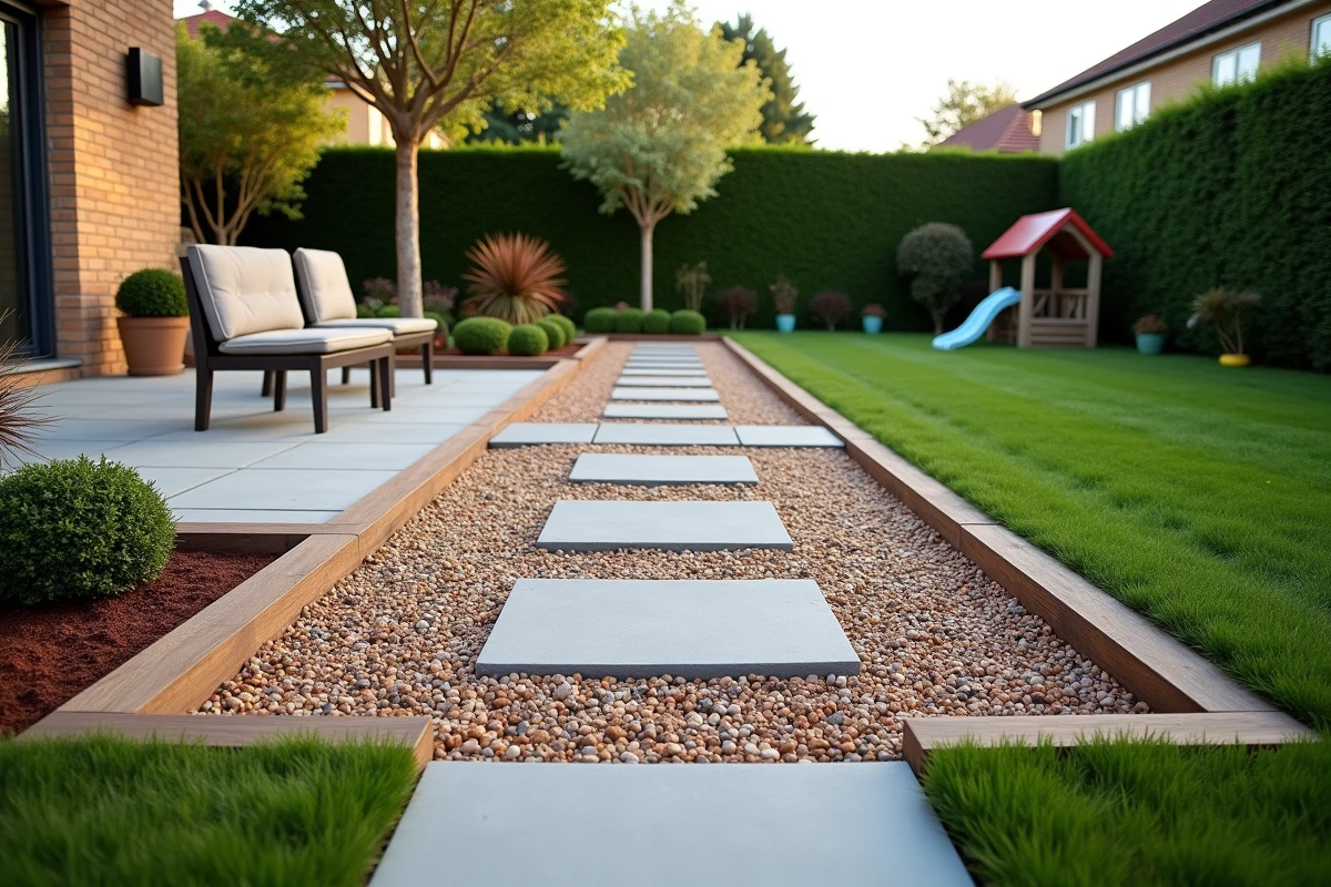 Jardin résidentiel structuré en zones distinctes avec terrasse, allée en gravier et massifs végétaux bien délimités