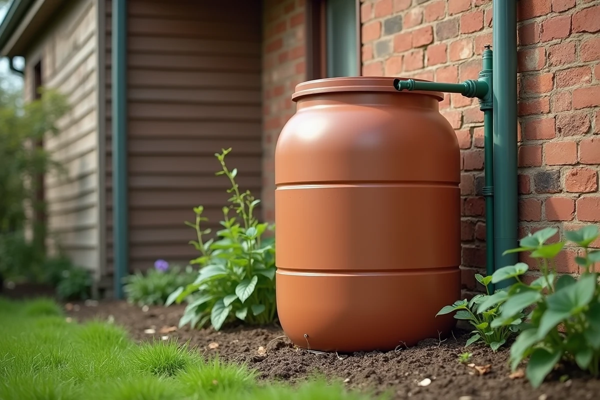 Tonneau de récupération d'eau de pluie relié à une gouttière installé près d'un massif potager résidentiel