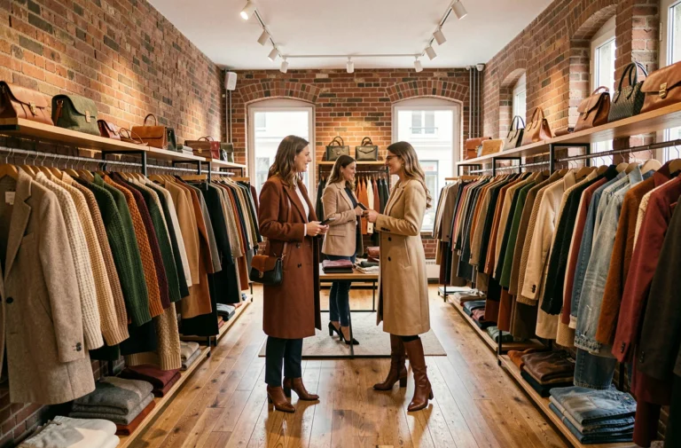 Boutique de mode parisienne avec des femmes explorant les tendances vestimentaires de la saison automne-hiver