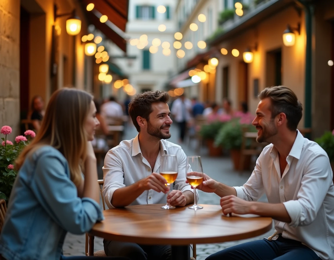 Groupe d'amis profitant d'une terrasse de brasserie en soirée dans une ville de province française, ambiance conviviale et animée