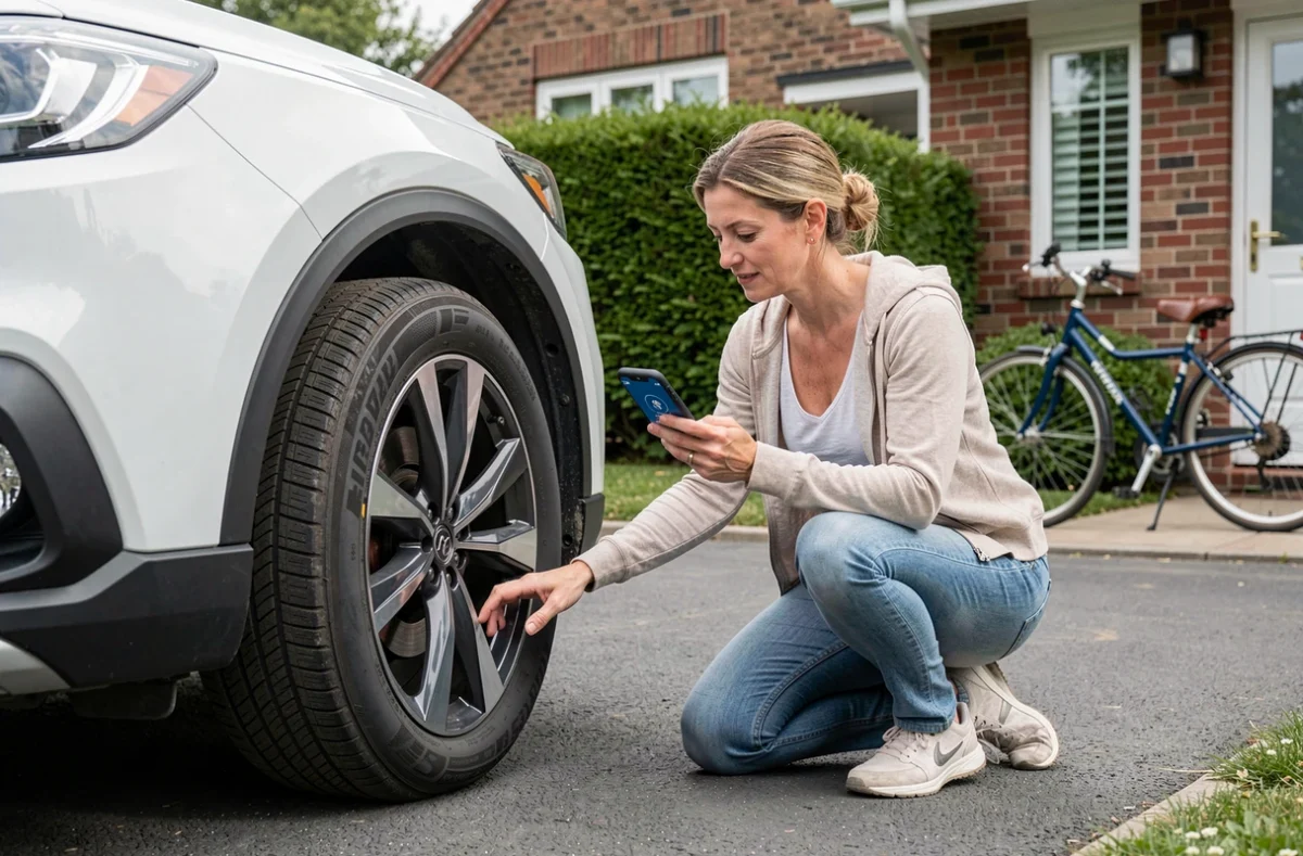 Femme vérifiant la pression des pneus de son SUV dans une allée résidentielle